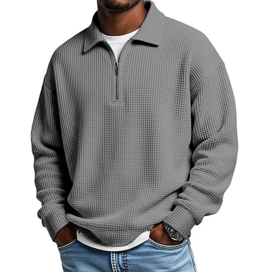 2026 autumn and winter new semi-zipper loose polo collar waffle long-sleeved casual top men's clothing