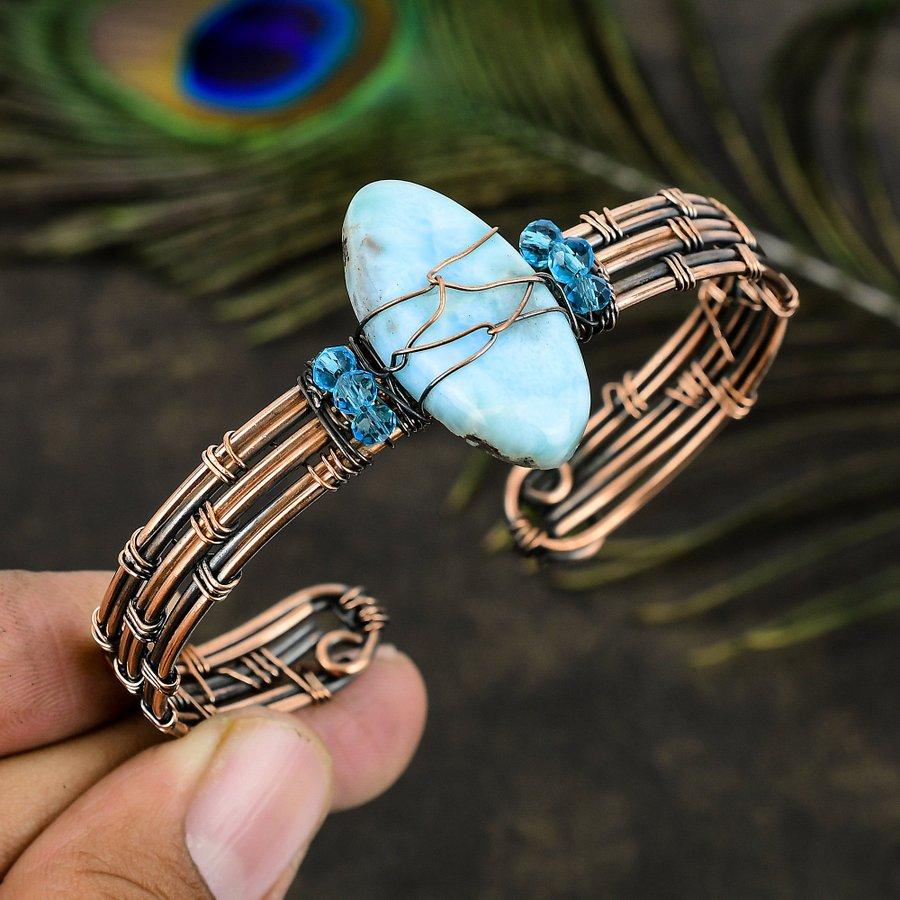 Brățară manșetă din sârmă de cupru înfășurată cu piatră prețioasă Larimar Natural Republic, ajustabilă y5Q42