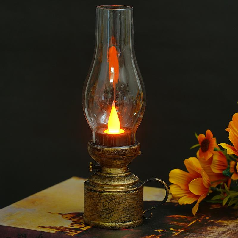 Retro Flameless Candle Holder Candlestick Kerosene Lamp with Button Battery Table Light Vintage Decor Kerosene Lamp