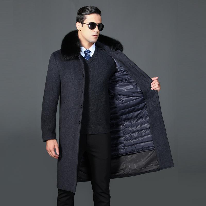 Winter Dad Thickened Real Rabbit Fur Collar Middle-aged and Elderly Cashmere Coat Men's Wool Long Detachable Liner Over-the-Knee Jacket