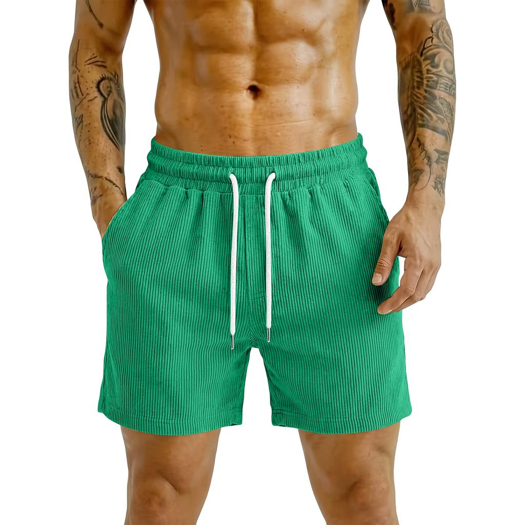 Men Corduroy Casual Shorts Elastic Waist Drawstring Loose Fit Outdoor Sports Beach Shorts with Pockets for Summer