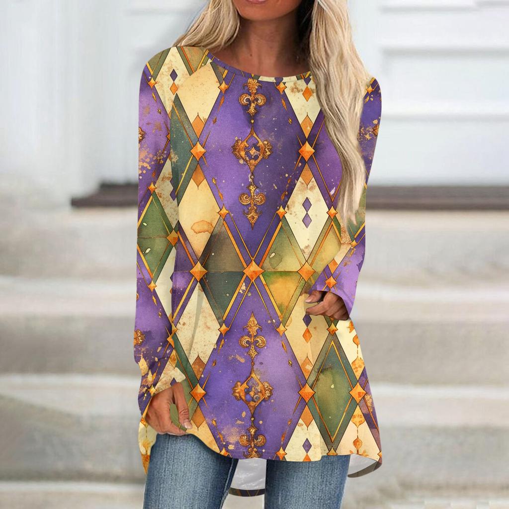 Women's Fashionable Round Neck Raglan Long Sleeved Carnival Printed Casual Pullover Top