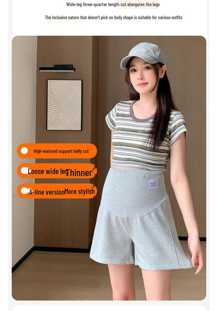 Maternity Casual Wide-Leg Cotton Shorts - Solid Color, Three-Quarter Length, Summer Wear