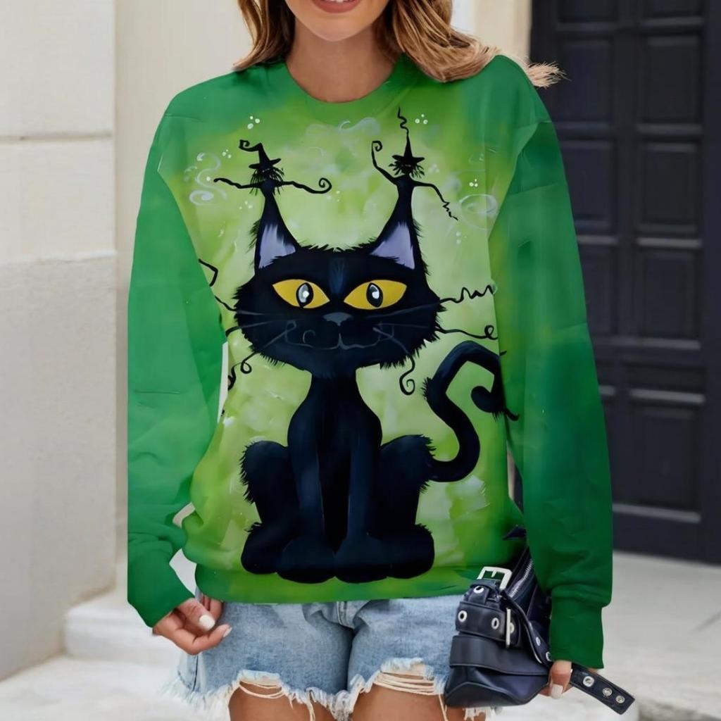 Women's Long-Sleeved T-Shirt for Fall Loose-fitting Casual Long-Sleeved Top Whimsical Cat Print OverSize Women's Clothing