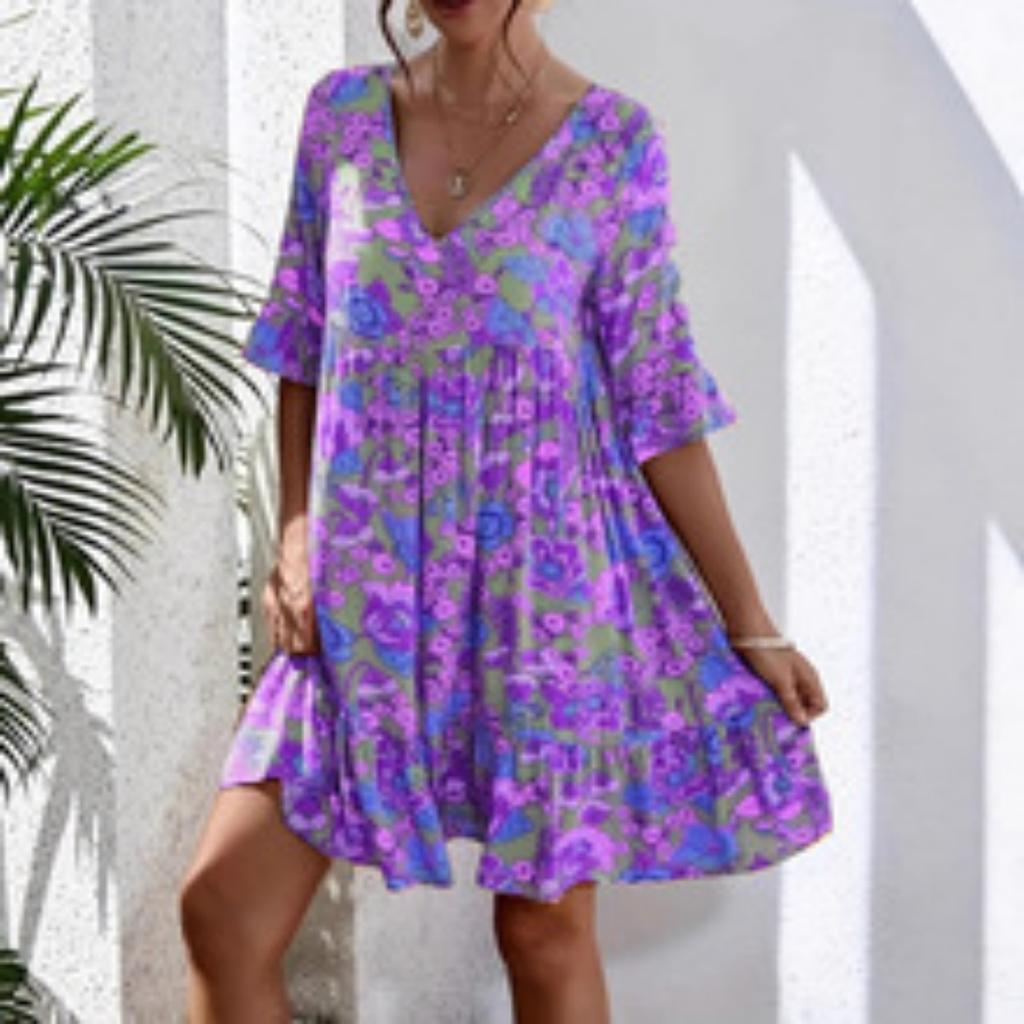 New Summer Boho Dress for Women, V Neck Floral Print Casual Beach Dress, European American Style