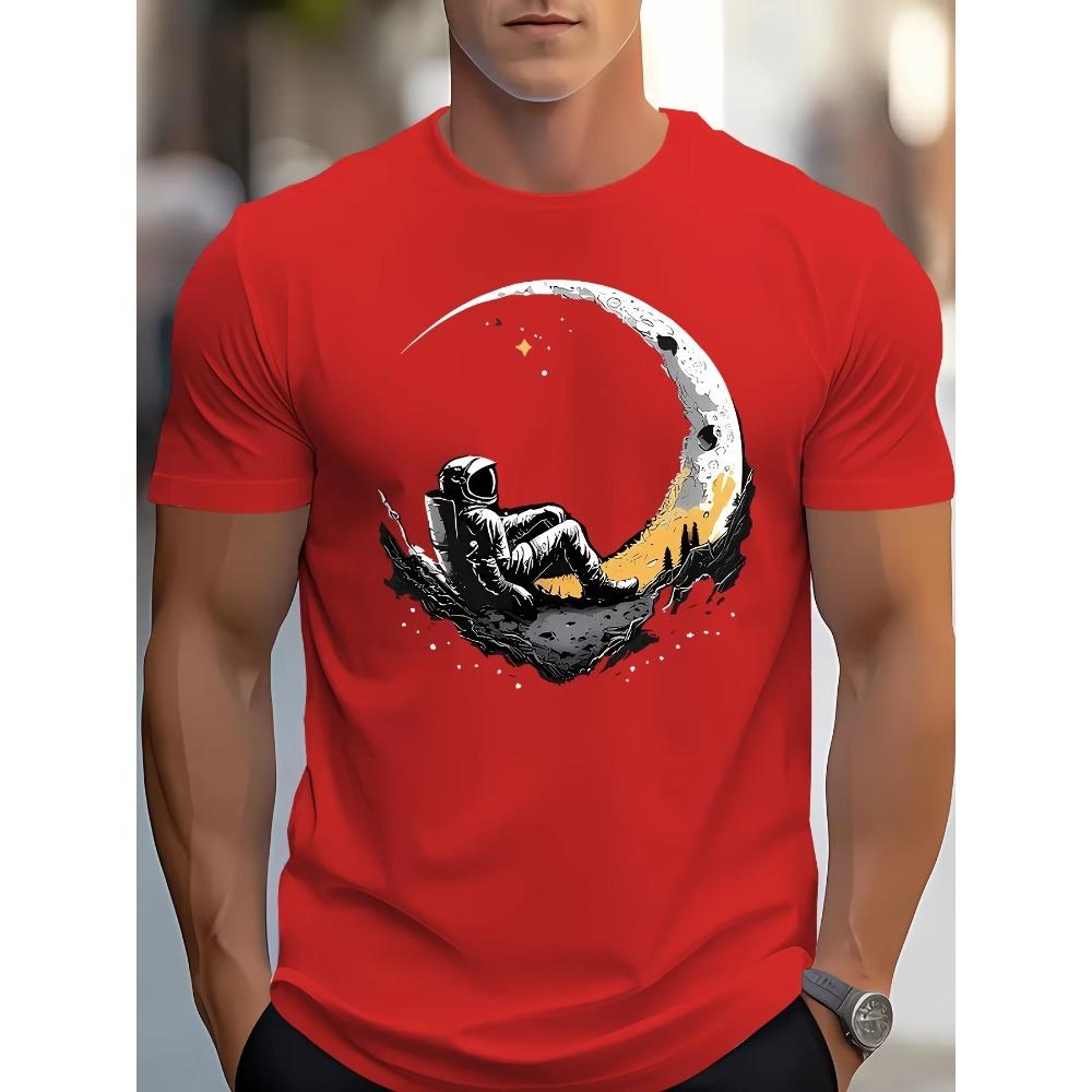 Men's summer 100 cotton fashionable casual loose plus size landing moon pattern printed sports round neck short sleeved T-shirt