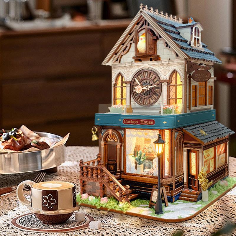 Retro Cuckoo House DIY Wooden House Cottage Figurines Miniatures Kits With LED Lights Home Decoration For Adult Handmade Gifts