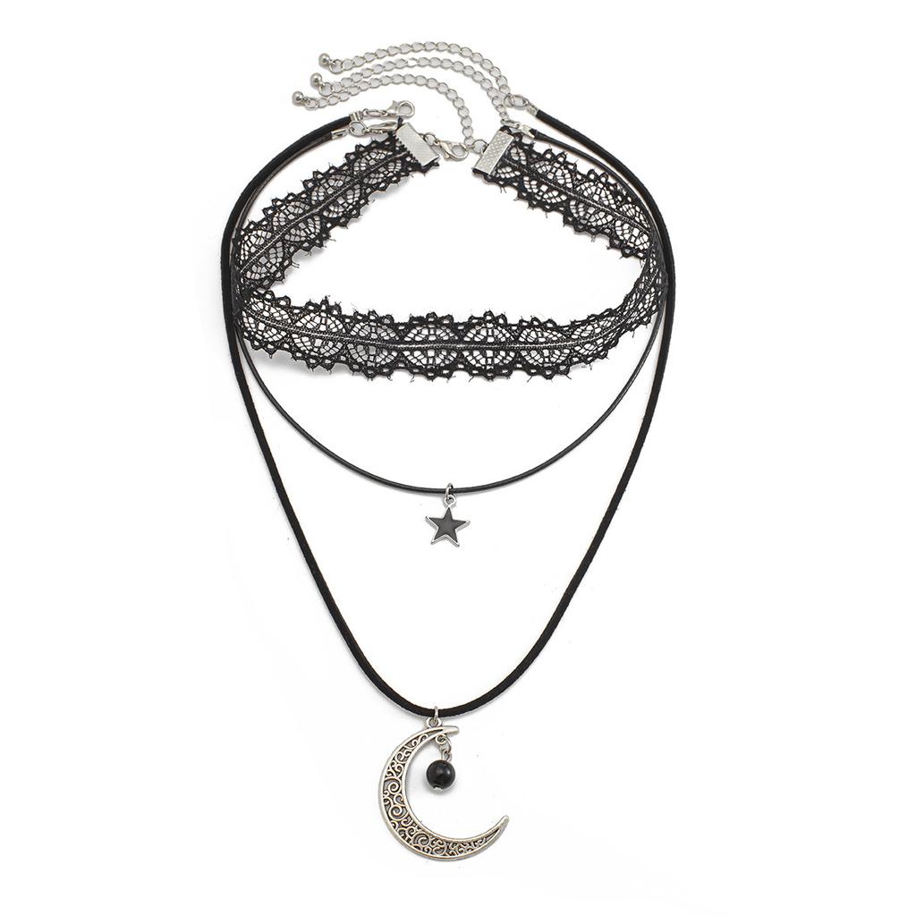 Gothic Lolita Lace Necklace Female Halloween Crescent Pendant Multi-Layer Flannel Clavicle Necklace