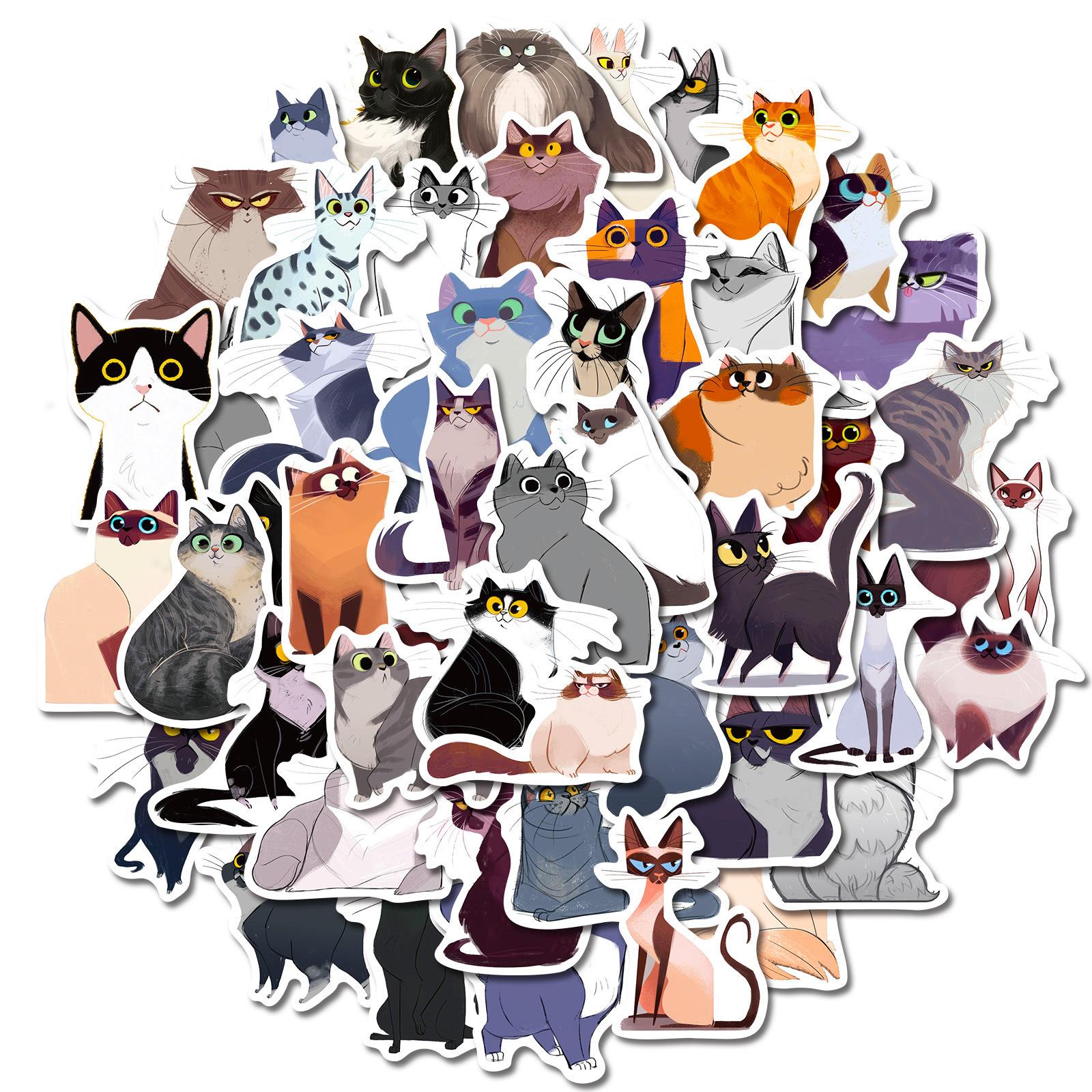 

50 Illustration Cat Stickers, Japanese Wind Wall Stickers Decorate Creative Room Cat Cartoon Illustration Stickers