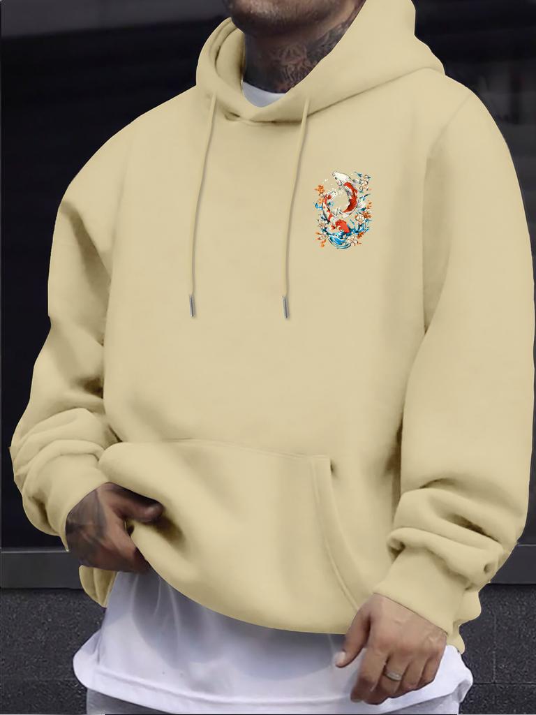 Ukiyo-e Style Auspicious Twin Koi Floral Wave Back Pattern Men Hip Hop Sports Hoodie Long Sleeve Loose Athletic Pullover