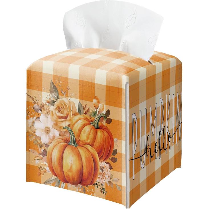 Floral Tissue Box Holder, Fall Florals Leather Tissue Box Cover Square, Autumn Facial Paper Organizer Dispenser Toilet Paper Holder for Bathroom