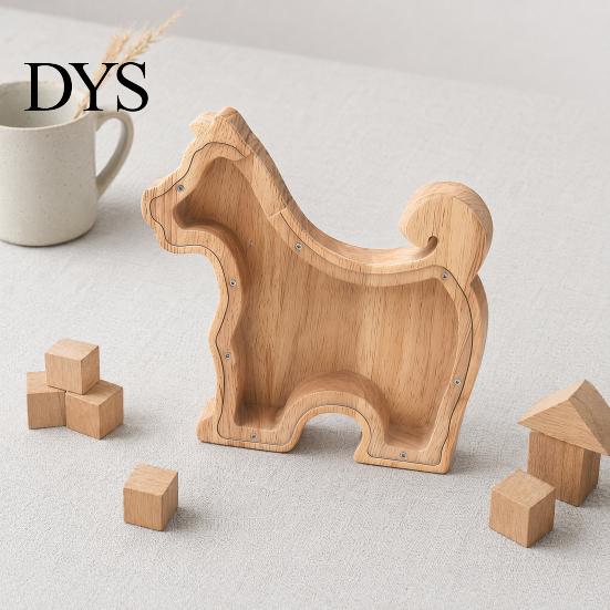 Children Piggy Bank Wooden Dog with Clear Front, Unbreakable Puppy Coin Cash Front Container, Decorative Animal Money Saving Box for Boys Girls