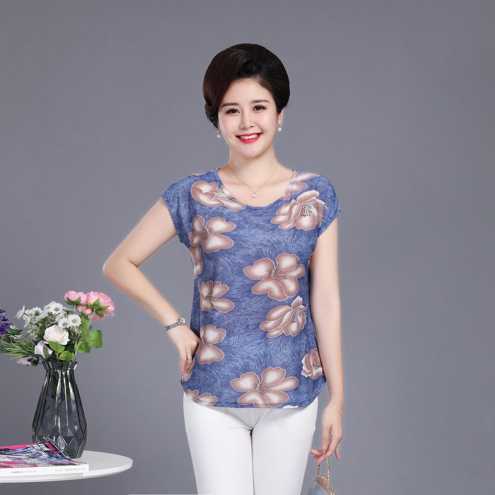 

Цветочная футболка с коротким рукавом для женщин 40-50 | Летний топ большого размера 4XL (140-155 Jin)