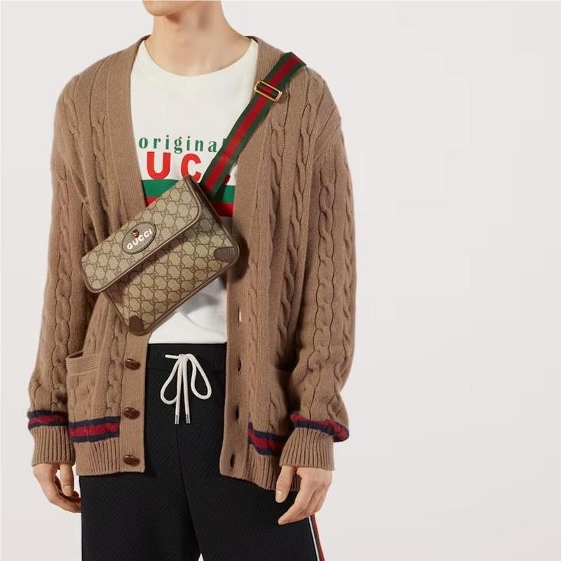 Gucci Neo Vintage Collection Tiger-Head Decorated Canvas and Leather Mix Crossbody Waist Bag Small Men's Ebony Brown