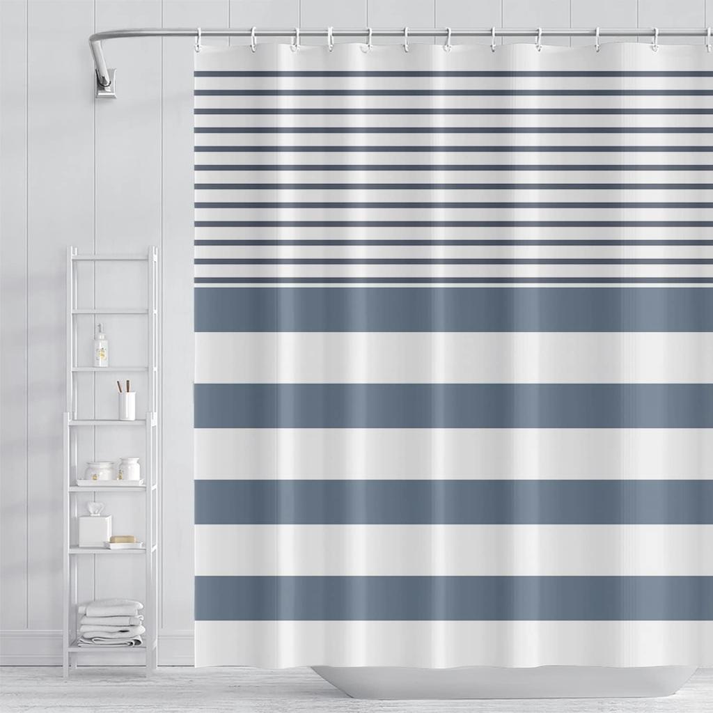 Striped Fabric Bathroom Shower Curtain-Modern Simple Polyester Waterproof Blue Grey Abstract Line Pattern With Hook