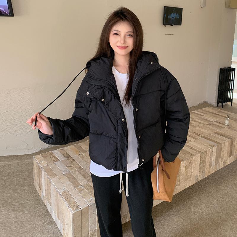 

2025 Осень/Зима Корейская версия простой повседневной худи на молнии, свободная короткая теплая пуховая хлопковая куртка-пуховик S чёрный