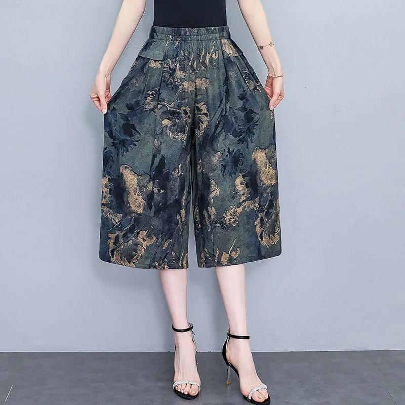 Pantalones Casuales Sueltos de Siete Minutos de Pierna Ancha de Cintura Alta para Mujer de Verano para Mujeres de Mediana Edad y Mayores Finos Cómodos
