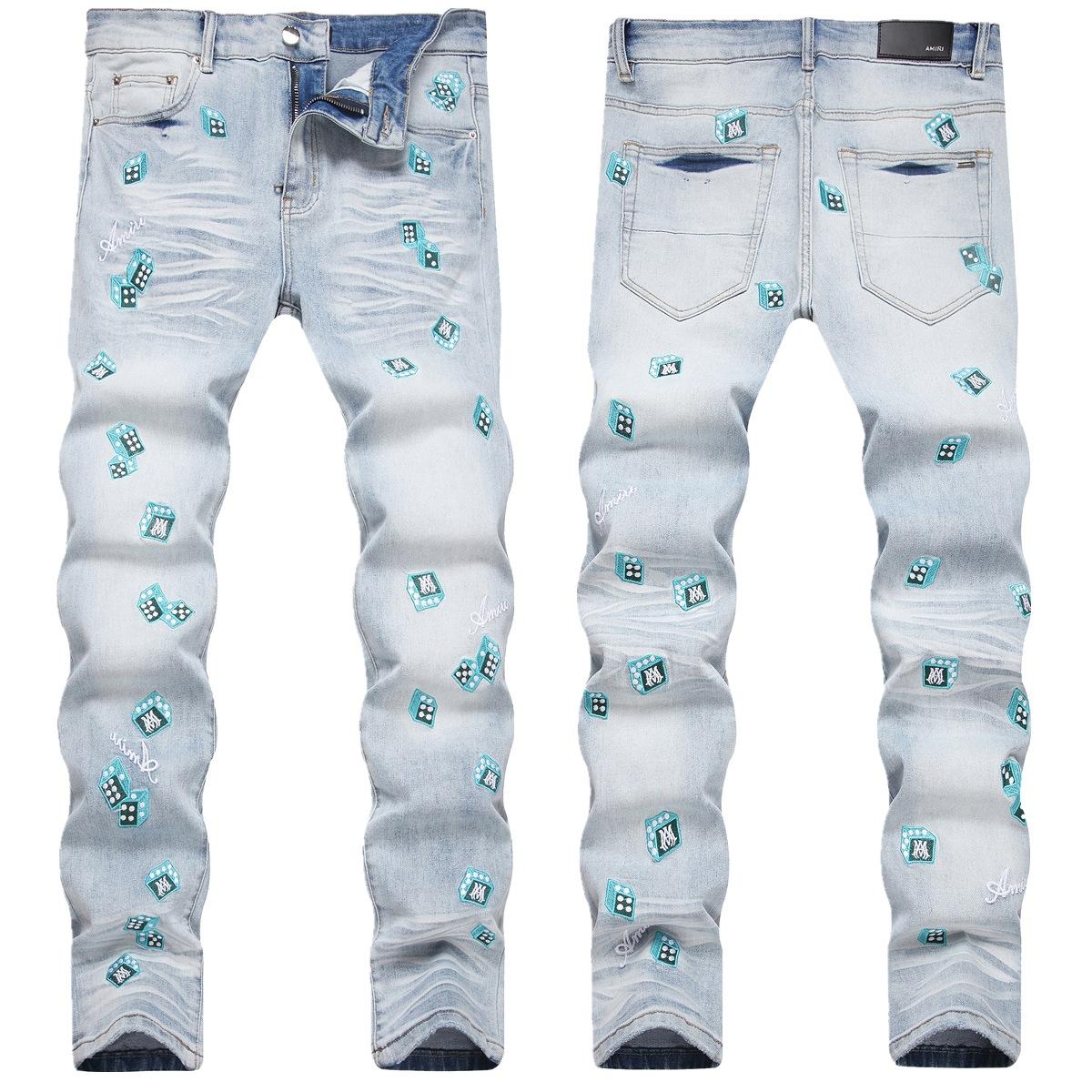 

Новый сток Джинсы вышитые вареные синего денима для молодых мужчин Повседневные и модные Облегающего кроя с узкими штанинами Деним 38 синий