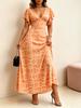 Women's Orange Base Beige Geometric Line Print V-Neck Dress, Flutter Sleeve Slim Maxi A-line Casual Daily Wear