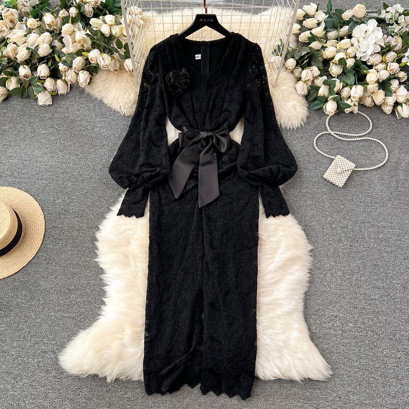 

Dress Fancy Waisted Slim-Fit Package Hip Lace Black 3XL