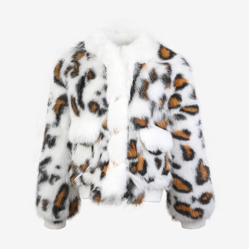 Womens Faux Fur Leopard Print Coat With Pockets Warm Winter Outerwear Long Sleeve Fluffy Jacket
