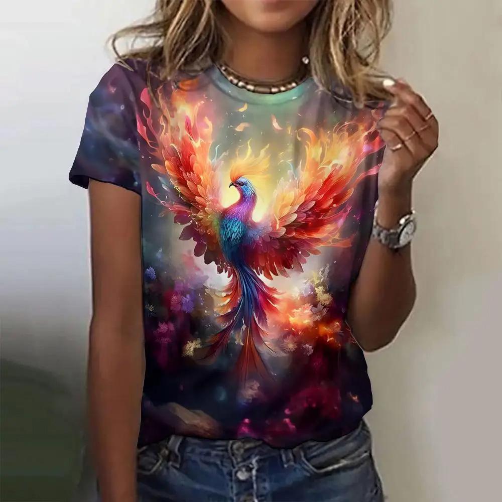 Summer Women's T-shirt Fashion Phoenix Pattern Top Trendy Short Sleeved Clothing Round Neck Loose Top Women's Party T-shirt