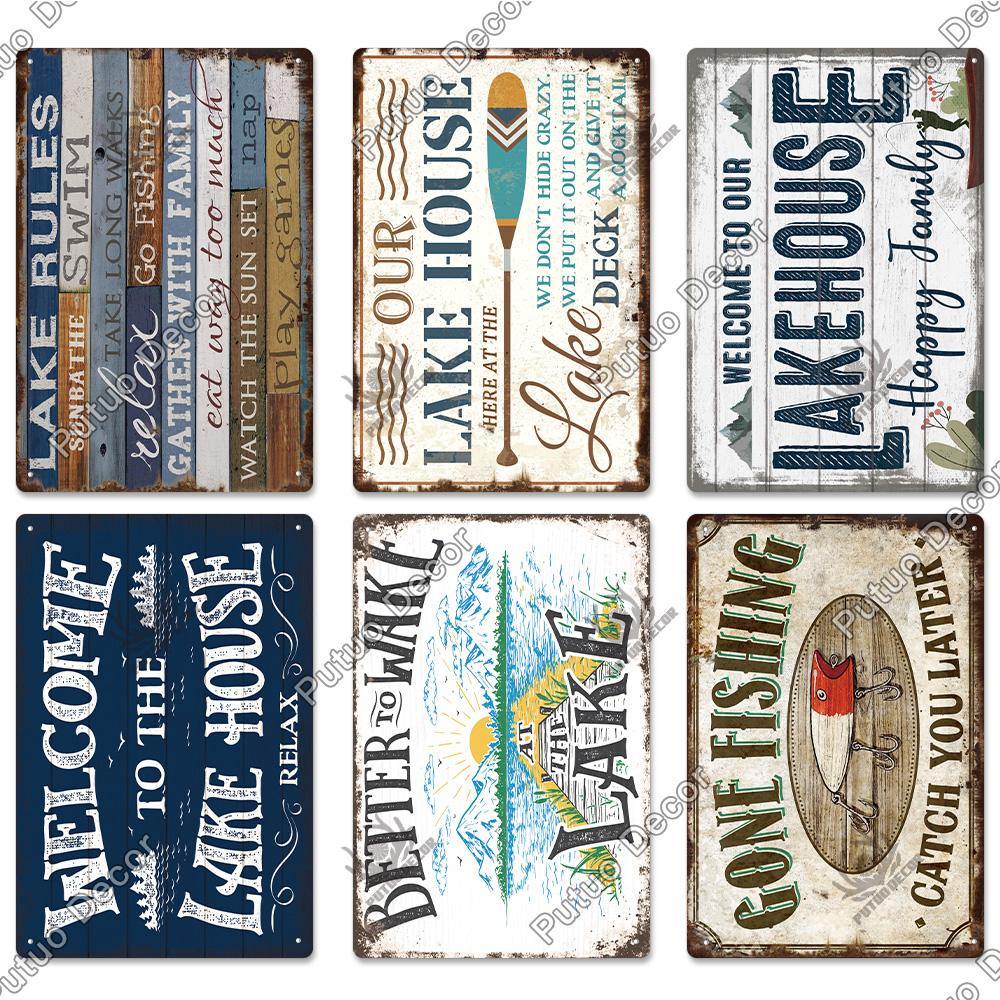 Putuo Decor Lake House Vintage Tin Signs Rustic Plaque Metal Plate Wall Art Decor for Living Room Kitchen and Entryway Posters