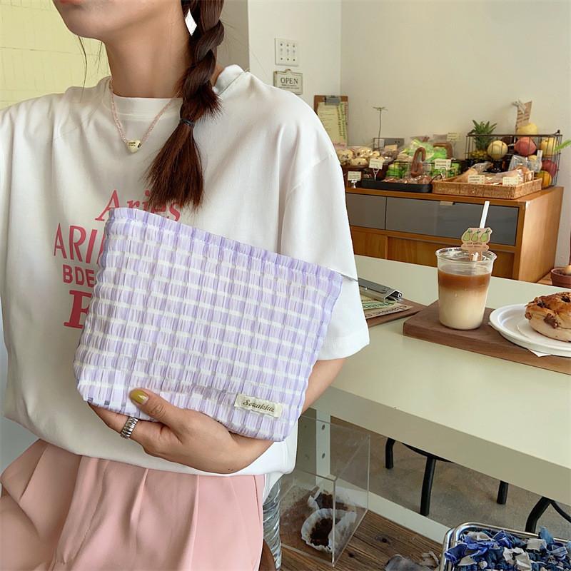 Fresh Plaid Portable Cosmetic Storage Bag Makeup Pouch Stationery Bag Toiletry Touch-up Bag