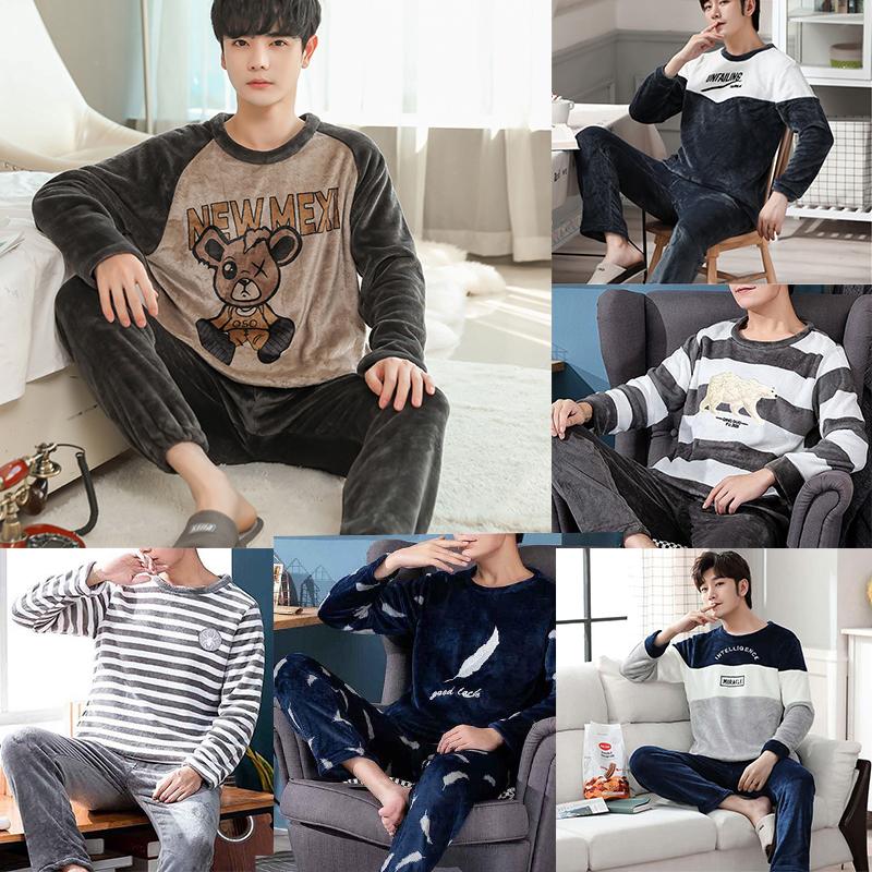 Winter Warm Flannel Boy Sleepwear Thermal Velvet Cartoon Plaid Men's Pajama Sets Casual Pjs Male Loungewear Pyjamas Nightwear