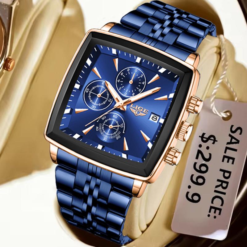 Waterproof Watch For Men Casual Sports Luminous Men's Quartz Wristwatches Stainless Steel Square Chronograph Reloj Hombre