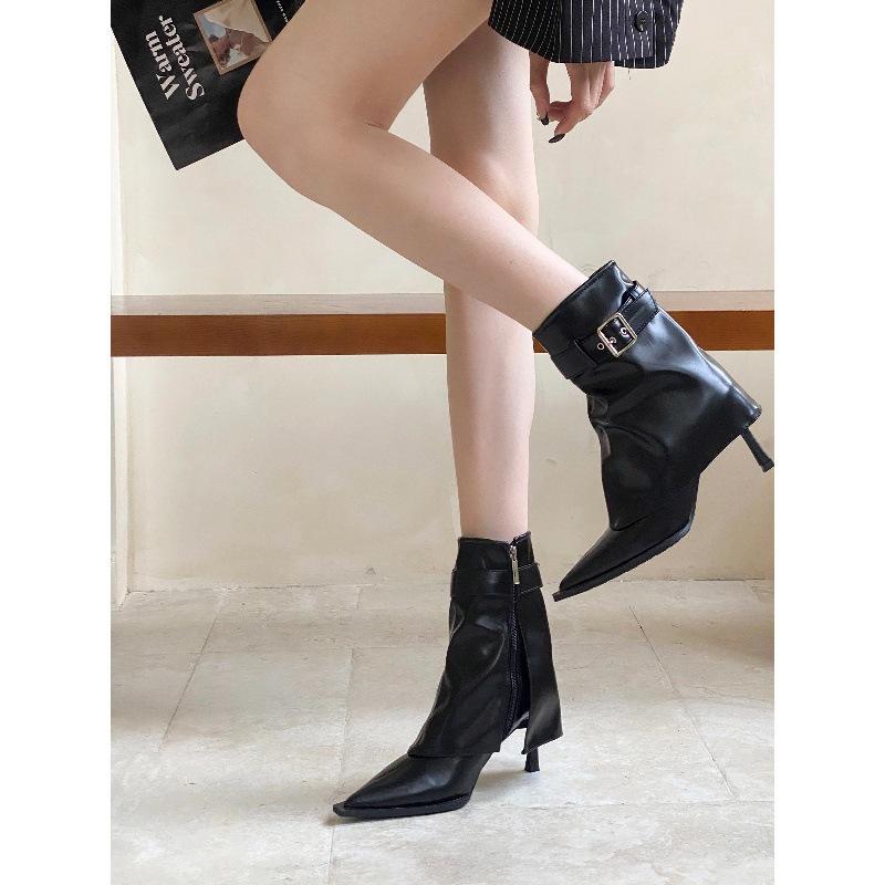 Pointed Heel Belt Buckle High Heel Short Boots Skirt Boots Pants Tube Boots Women's Short Boots Medium Boots