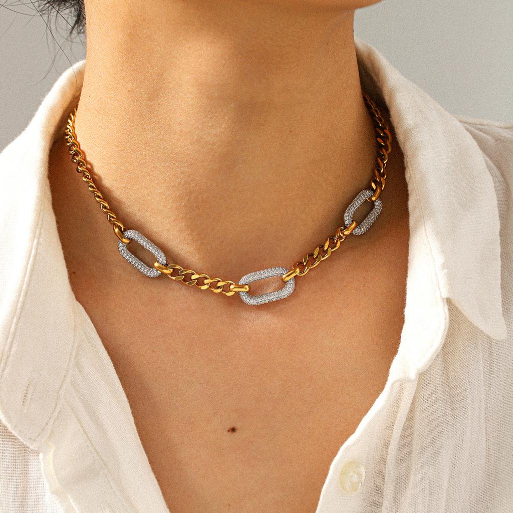 Titanium steel neck chain fully paved with diamond zircons, high-end color-block stainless steel Cuban link necklace