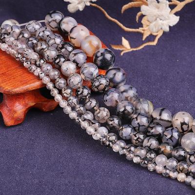 Black Dragon Agate Round Beads, 4-12mm Natural Stone, 15” Strand for DIY Charm Bracelet