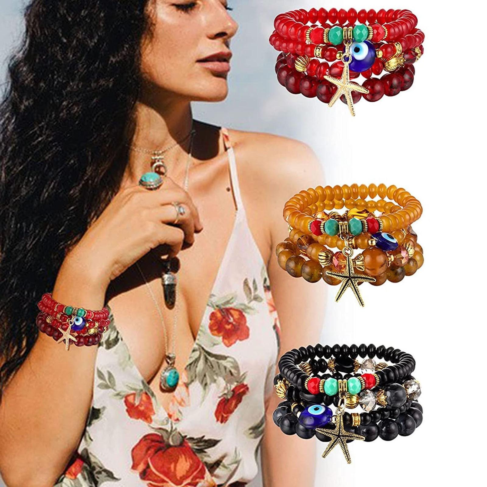 

3 шт. в стиле бохо штабелируемый браслет из бисера для женщин и мужчин, эластичные многослойные ювелирные изделия