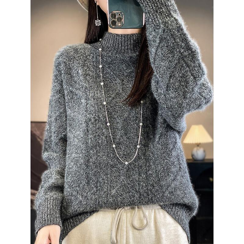 Thickened Half-high Neck Twisted Flower Cardigan for Women In Autumn and Winter New Skin-friendly and Warm Versatile Cashmere Knitted Base Shirt