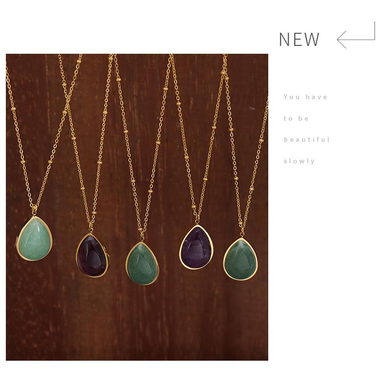 Korean Style Teardrop Oval Pendant Necklace, Natural Raw Stone, Clavicle Chain, Gold-Plated Titanium Steel
