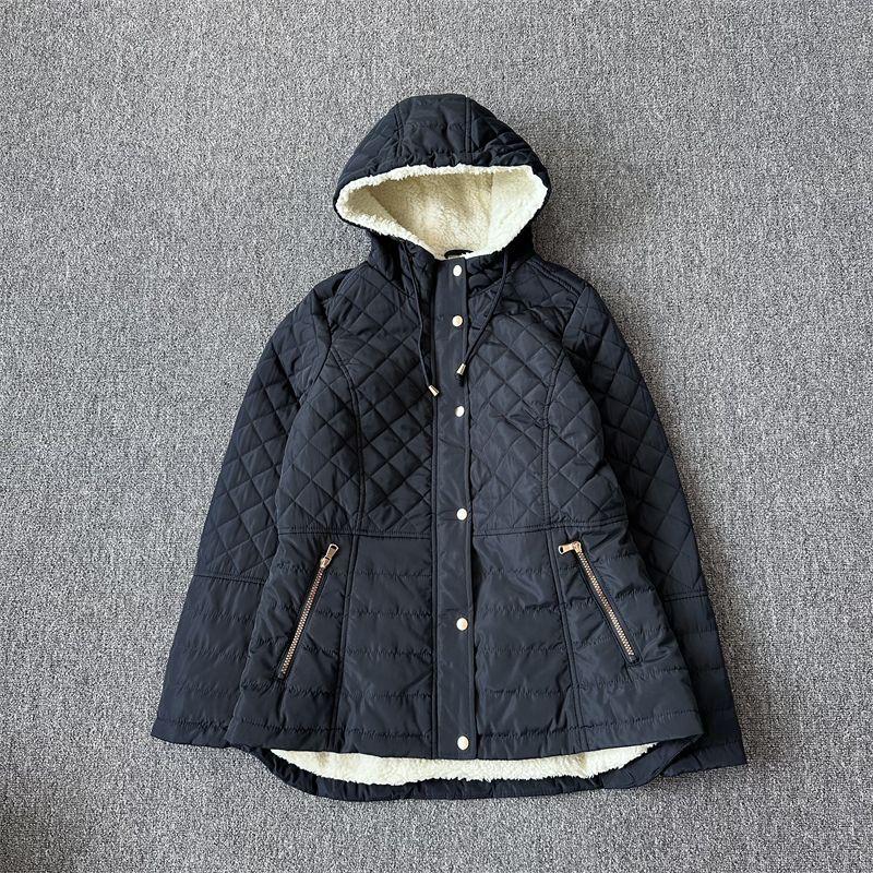 

Модные товары для скота Ромбовидное стеганое пальто Хлопковое Женское с капюшоном из овечьей шерсти внутри Ветрозащитное и водоотталкивающее Теплое Универсальное Зимнее пальто C navy blue Cashmere cotton-padded clothes S