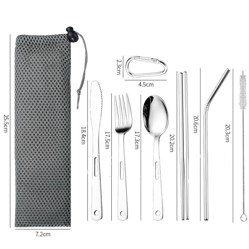 Set Tacâmuri Oțel Inoxidabil Portabil Tacâmuri Cuțit de Cină Furculiță Lingură 1 Set Cu Sac de Depozitare Potrivit Pentru Călătorii Camping Tacâmuri
