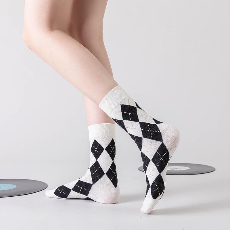 Dammode Argyle Mellanvads Jacquardstrumpor, Trendig Vår/Höst Japanskt Inspirerad Sportstil