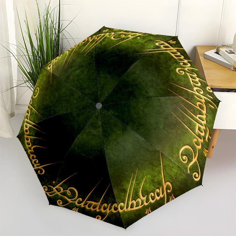

Elven Script Circle Umbrella - Automatic Open/Close Compact Travel Umbrella with Mystical Green & Golden Writing, Portable Fol Iron&8K