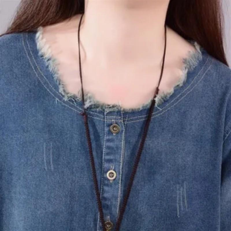 Women's Wash Plush Edge Pockets Loose Denim Dress Autumn O-neck Long Sleeves Dresses