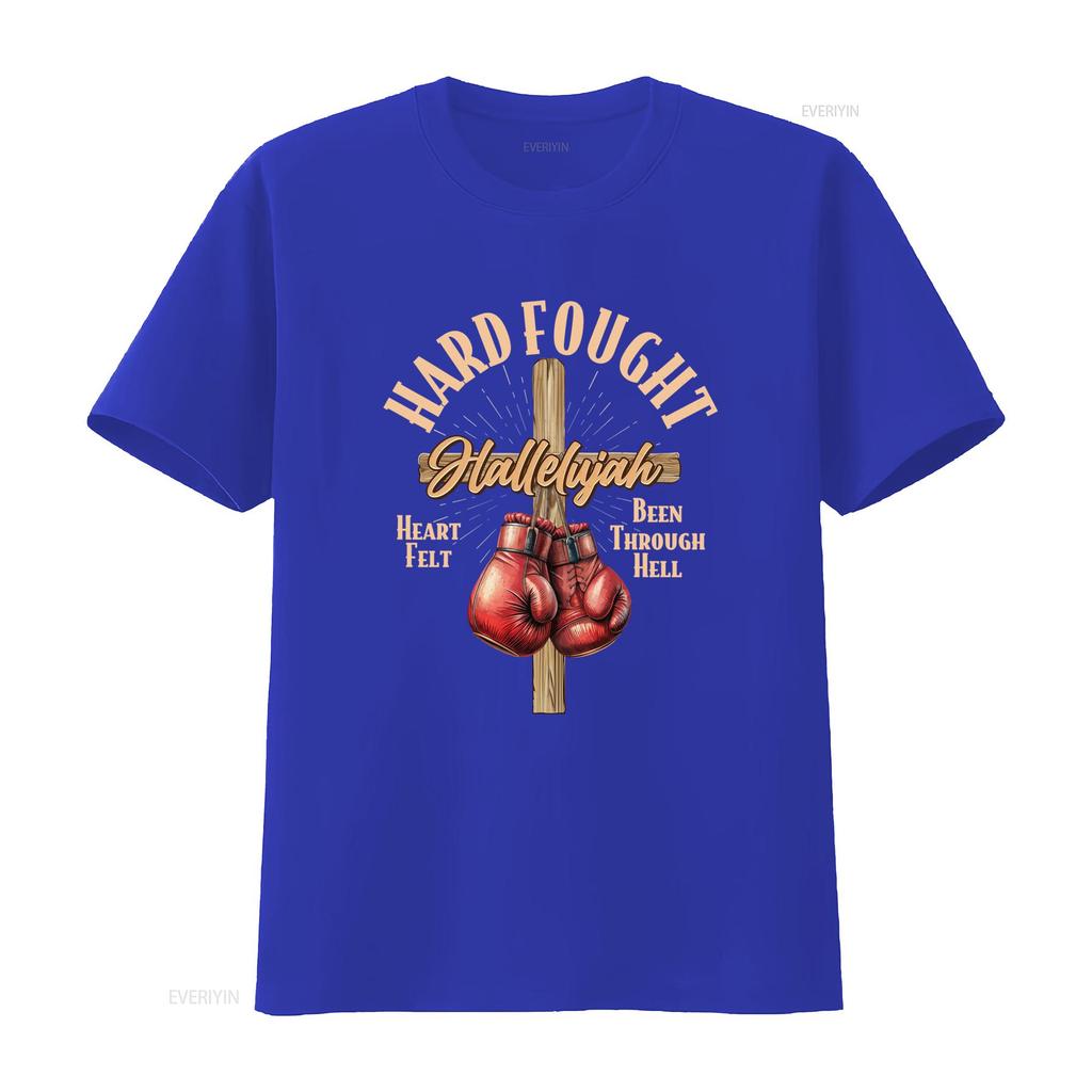 Vintage Christian Hard Fought Hallelujah Cross Boxing Gloves Print Casual T Shirt Vintage Washed Homme Comfortable Soft