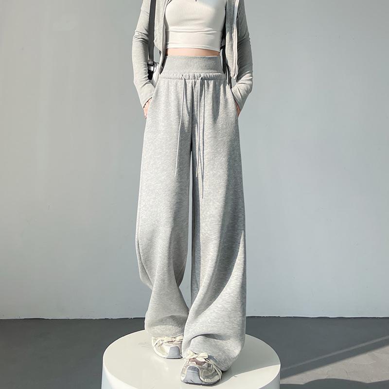 Women's American-Style Gray Wide-Leg Sweatpants: 2025 Spring Collection, Loose High-Waisted Casual Straight-Leg, Floor-Length.
