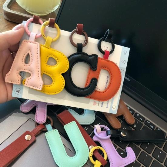 Keychain Pendant Imitation Leather Macaron Color English Letter Design Bag Charm Backpack Car Accessories