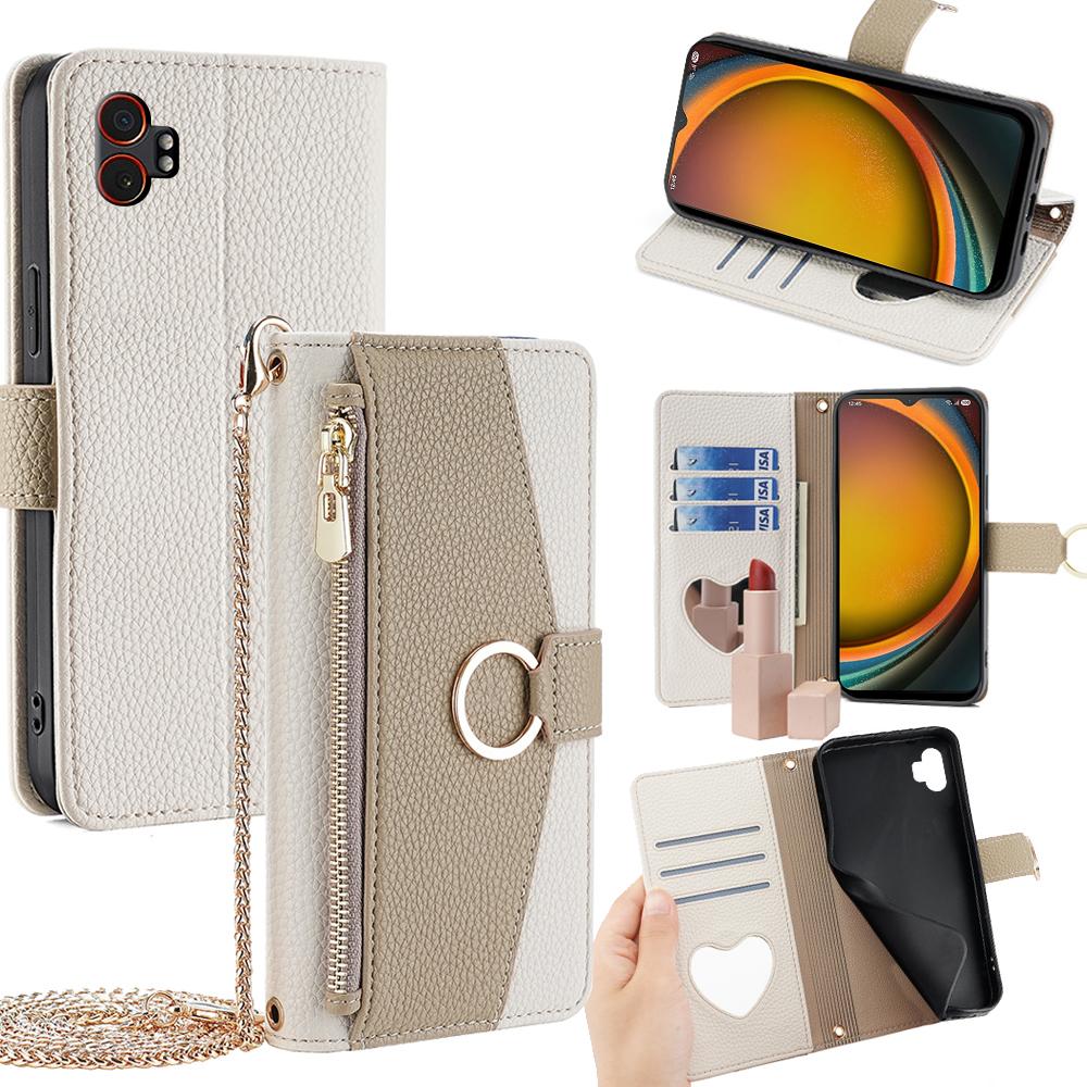 For Samsung Galaxy XCover7 Pro Case Mirror Wallet Leather Phone Cover with Chain Shoulder Strap
