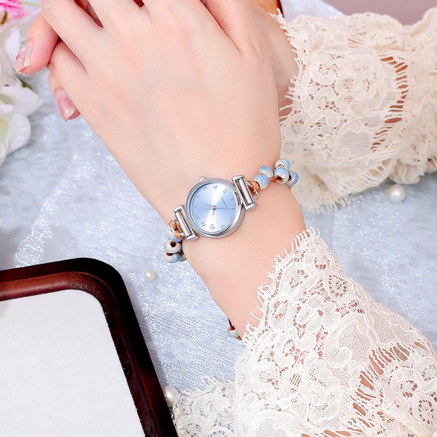 Kleine duftende gewebte Uhr für Damen Armband Digitalanzeige Lässig Elegant Teerosen Perlenuhr