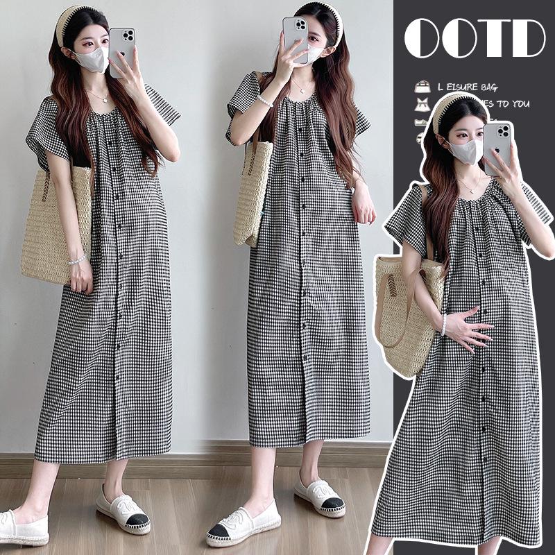 2025 Summer Plaid Button-Down Maternity Dress: Loose Fit, Short Sleeves, Nursing Friendly M