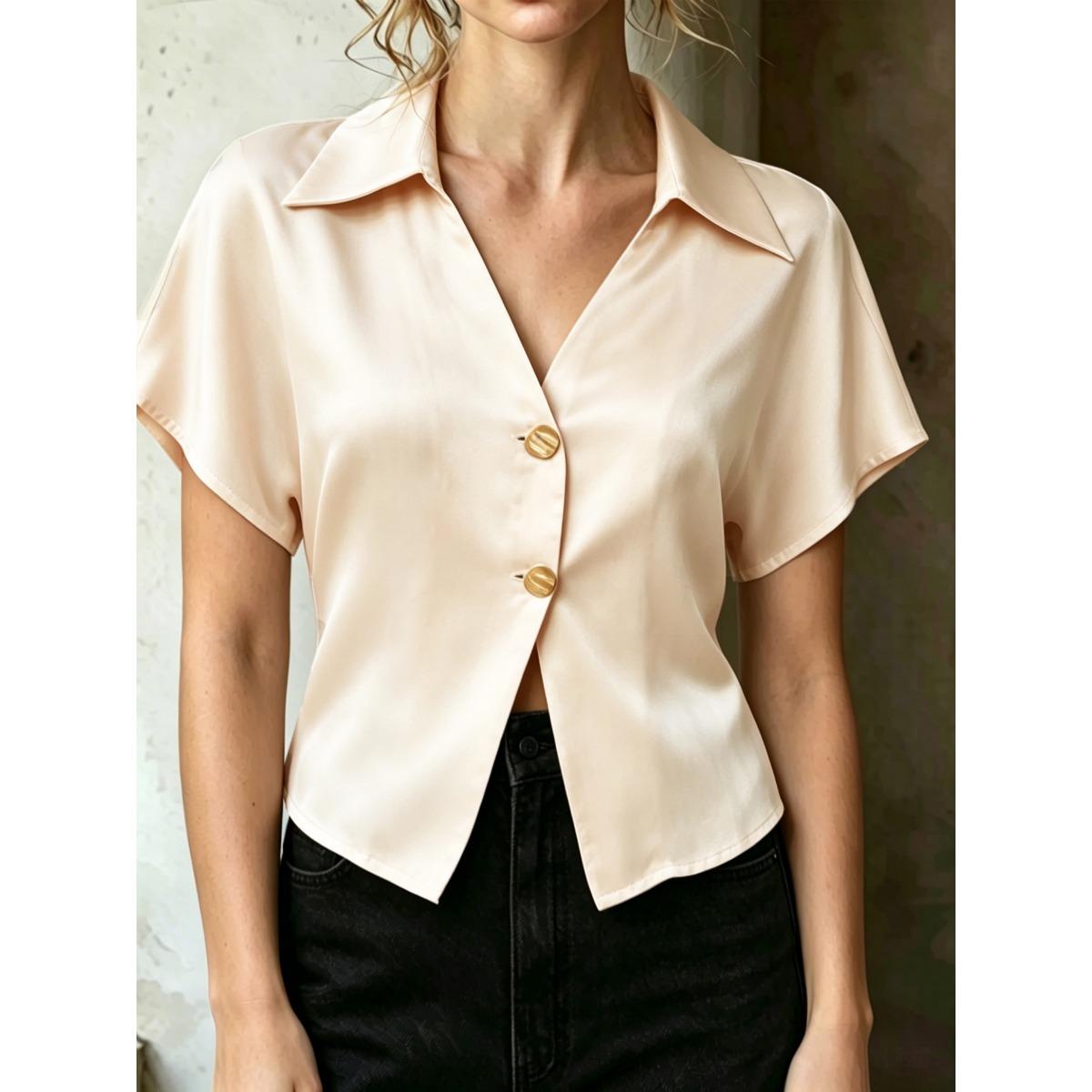 Women s French Style White Satin V-neck Short Sleeve Cropped Blouse, Fashion Casual Summer Top S