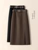 Coffee-colored Retro Wool A-line Midi Skirt, Women's Autumn/Winter 2025, Suit-style with Slit and Hip-hugging Fit