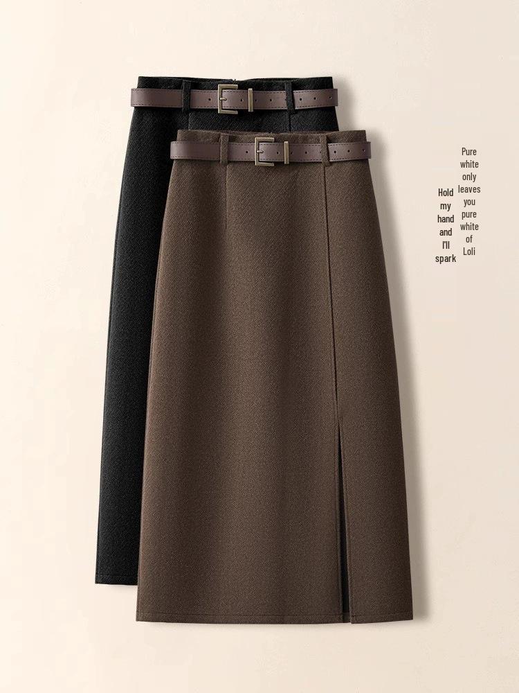 Coffee-colored Retro Wool A-line Midi Skirt, Women's Autumn/Winter 2025, Suit-style with Slit and Hip-hugging Fit
